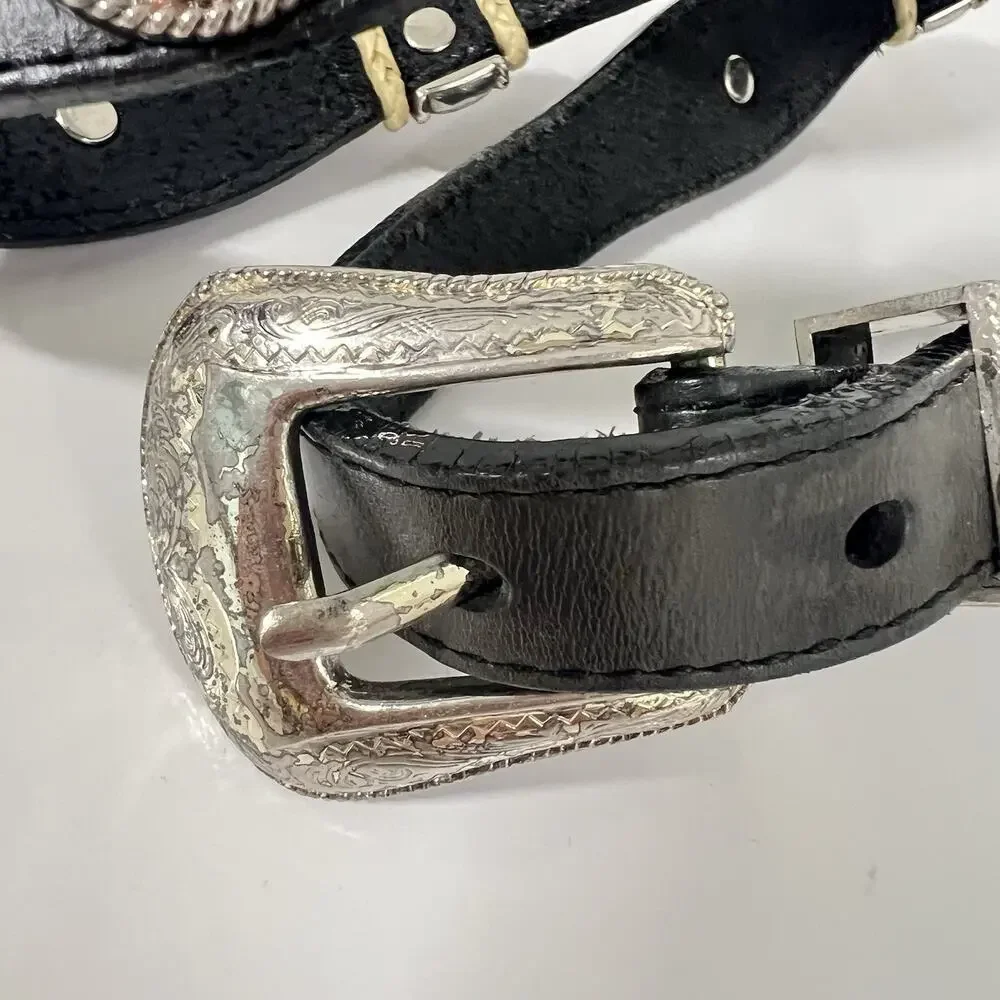 Vintage Tony Lama Silver Concho Western Belt Women Size 30 Black Leather